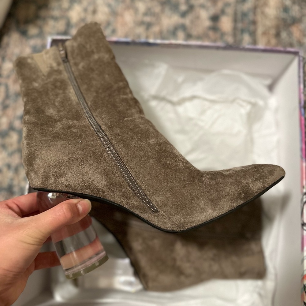 Jefferey Campbell suede acrylic heeled bootie